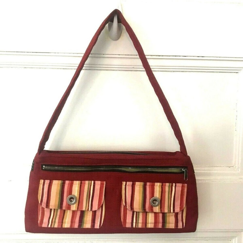 Lisa Lill Studio Handmade Small Red Linen Shoulder Bag with Contrast Pockets
